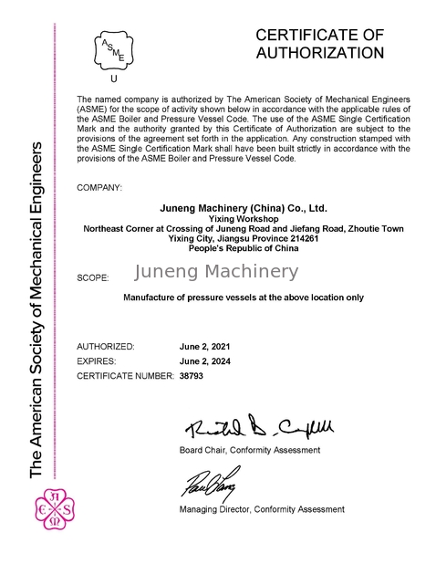 Çin Juneng Machinery (China) Co., Ltd. Sertifikalar