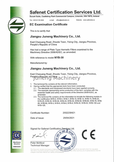 Çin Juneng Machinery (China) Co., Ltd. Sertifikalar